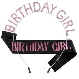 Birthday Girl party set with pink rhinestone tiara headband and black satin sash
