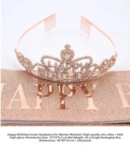 Detail of rose gold Happy Birthday crown with rhinestones and matching glitter sash