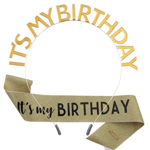 Golden It's My Birthday metal crown and glitter sash party set for women decorations