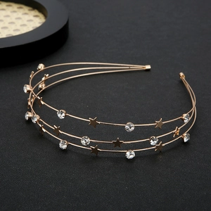 Close-up of golden multi-layer headband featuring sparkling crystals and star details