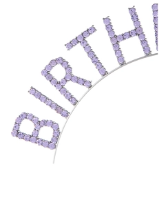 Close-up of birthday crown headband featuring purple rhinestones and silver metal frame