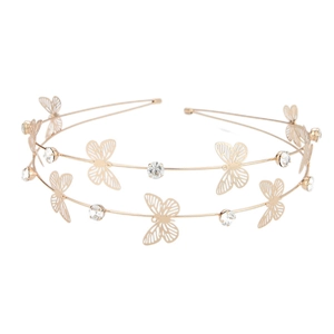Double-layered gold headband featuring hollow butterflies and sparkling crystal rhinestones