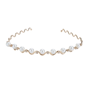 Elegant gold wavy metal headband with white faux pearls and sparkling rhinestones