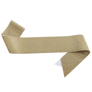 Detailed close-up of a glittering gold party sash with fine shimmering glitter texture