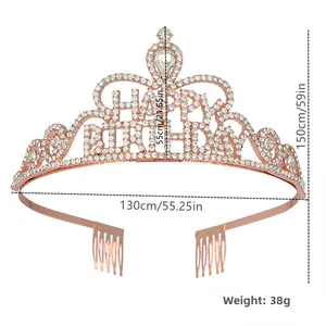 Detail view of rose gold birthday crown with white crystals and dimension markings