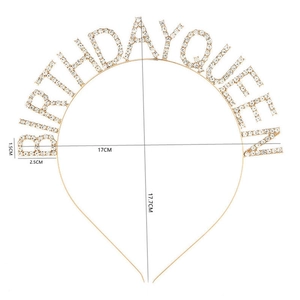 Detailed size specifications for the gold crystal Birthday Queen headband with dimensions
