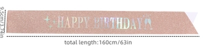 Rose gold glitter birthday sash dimensions 160x9.5cm with Happy Birthday text