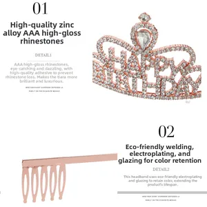 Detail of rose gold Happy Birthday crown with AAA rhinestones and secure hair comb base