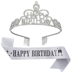 Sparkling silver Happy Birthday crown tiara and glitter sash set for party celebrations