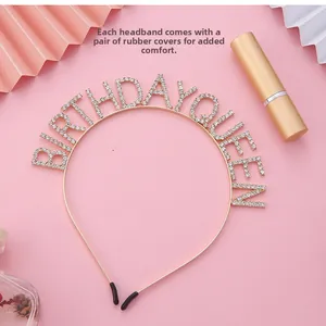 Detail of BIRTHDAY QUEEN crystal headband with protective rubber tips for comfort