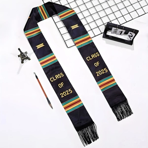 Black graduation stole with Class of 2025 print, colorful stripes and fringe tassels