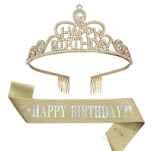 Sparkling gold Happy Birthday crown and champagne glitter sash for party girls