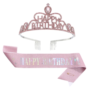 Pink rhinestone happy birthday crown tiara and glitter sash set for party celebration
