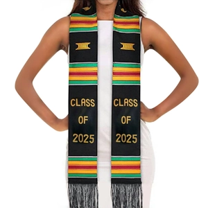 Detail of Class of 2025 Kente graduation stole with gold embroidery and fringe trim