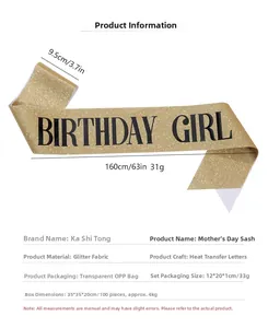 Glitter fabric Birthday Girl sash size specifications 160x9.5cm in gold and black