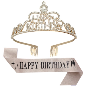 Detailed set of gold Happy Birthday tiara with rhinestones and pink glitter sash
