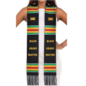 Black satin graduation stole with Kente stripes and Black Grads Matter gold text
