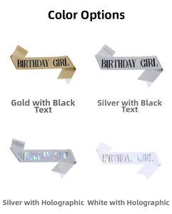 Four styles of Birthday Girl sashes with glitter finish in gold, silver, and white
