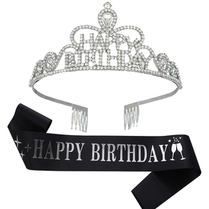 Detailed set of silver rhinestone crown and black birthday girl sash for parties