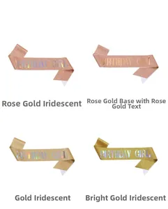 Close-up of birthday girl sashes in glitter rose gold and gold with holographic text