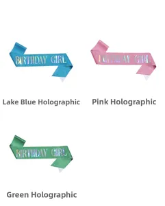 Three glittering iridescent sashes in lake blue, pink and green with Birthday Girl text