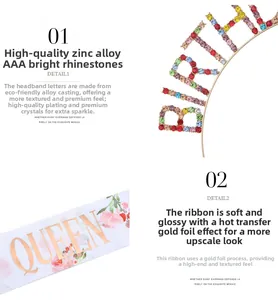 Detail of BIRTHDAY crystal headband and pink floral QUEEN sash with gold lettering