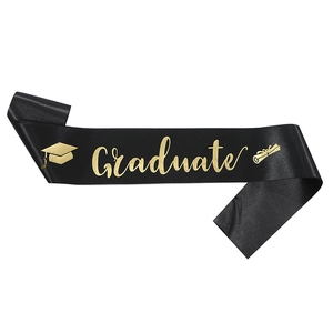 Elegant black satin graduation sash with golden Graduate text and cap graphics