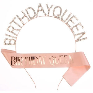 Rose gold Birthday Queen rhinestone headband and pink satin sash party accessory set