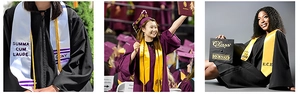 Detail of embroidered graduation stole with Summa Cum Laude text and golden honors finish