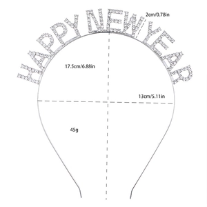 Silver Happy New Year headband with rhinestone lettering and 17.5cm size specifications
