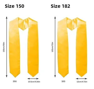 Detailed size comparison of 150cm and 183cm yellow satin graduation stoles with dimensions