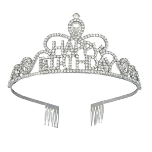 Corona Happy Birthday in argento con strass e pettine per capelli per compleanno
