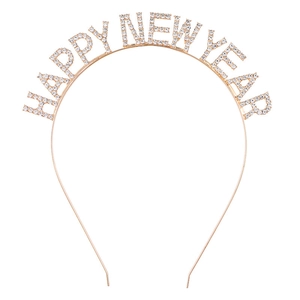 Close-up of sparkling white rhinestones on Happy New Year headband gold metal frame