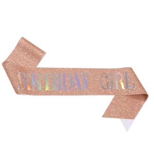 Rose gold glitter Birthday Girl sash with holographic lettering for party decoration