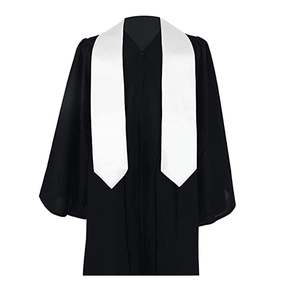 Detailed view of the smooth black graduation gown with a plain white satin stole shoulder sash