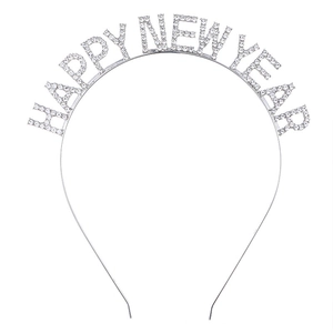 Macro detail of Happy New Year headband featuring sparkling rhinestones on silver metal