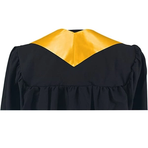 Detailed back view of black graduation gown with golden satin V-neck and pleated fabric