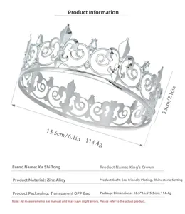 Detail view of silver crystal king crown with zinc alloy material and size specifications