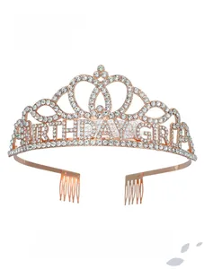 Close-up of rose gold rhinestone birthday girl crown tiara with side hair combs
