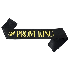 Elegant black satin Prom King sash with shiny gold lettering and crown icon