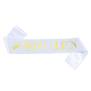 White satin Prom Queen sash with metallic gold lettering and crown icon for party