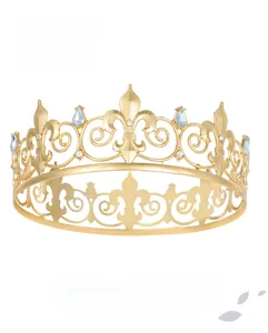Detailed view of a golden king crown with blue teardrop gems and intricate filigree design