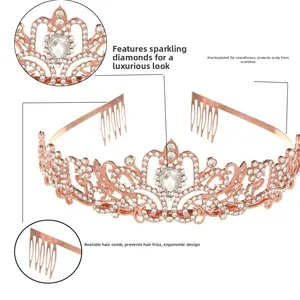 Detailed view of rose gold crystal crown showing rhinestone gems and side hair combs