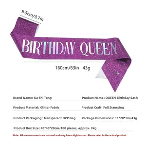 Purple glitter sash with silver Birthday Queen lettering and safety pin detail