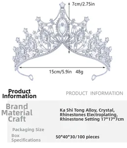 Detail showing crystal bridal crown dimensions with 7cm height and 15cm diameter