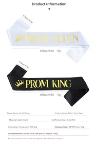 Close-up of Prom King and Queen satin sashes with gold foil lettering and crown icons