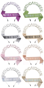 Macro detail of Birthday Queen sash and rhinestone tiara sets in multiple vibrant colors