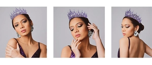 Trois vues d'une couronne de mariée luxueuse avec cristaux et accessoires de robe violets