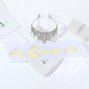 Elegant silver rhinestone crown and white satin Queen sash set for birthday parties