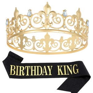 Birthday King set with golden rhinestone crown and black glitter sash for men